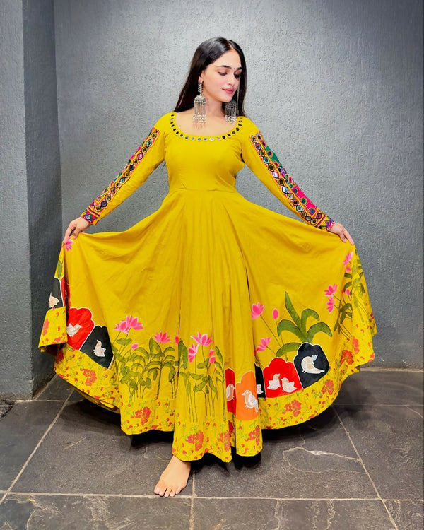 Preksha Creation Navratri Special Women Gown Digital Print With Real Mirror Work With Dupatta - Yellow - Distacart