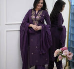 Thumbnail for The52 Women's Beautiful Rayon Slub Fabric Embroidery Work Straight Kurta Pant and Dupatta Set - Distacart