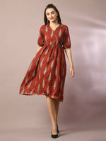 Thumbnail for Myshka Women's Rust Printed Cotton V-Neck Empire Party Dress - Distacart