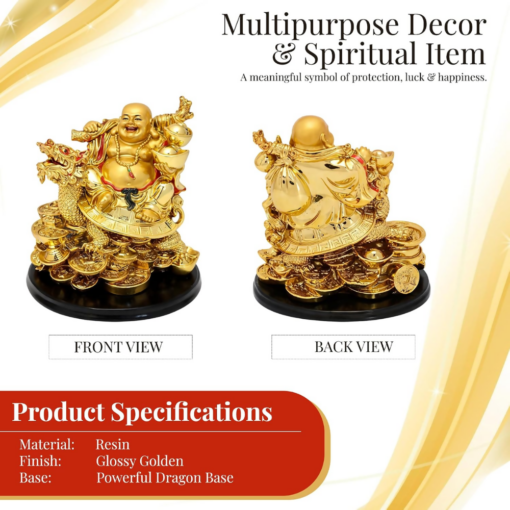 GJ Golden Laughing Buddha with Dragon & Coins Statue - Dista
