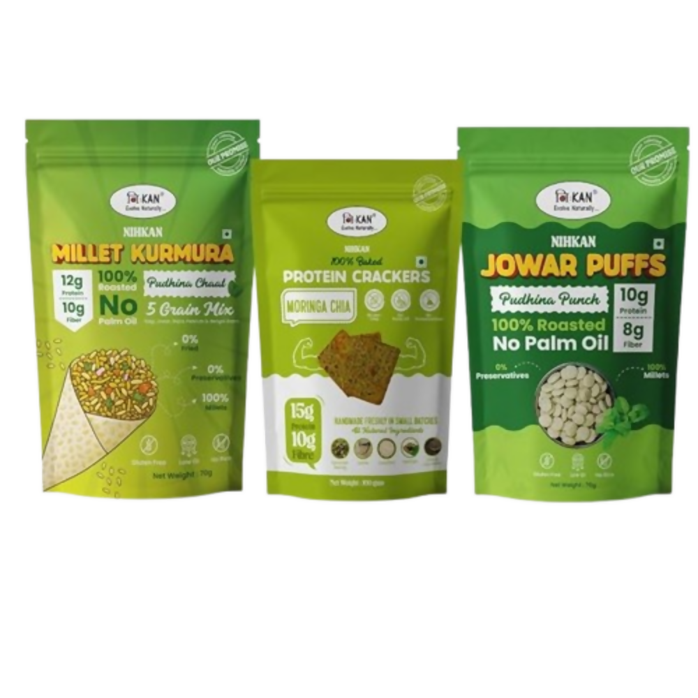 NIHKAN Millet Snacks - - Moringa Cracker, Pudhina Jowar Puff & Pudhina Millet Kurmura Mix