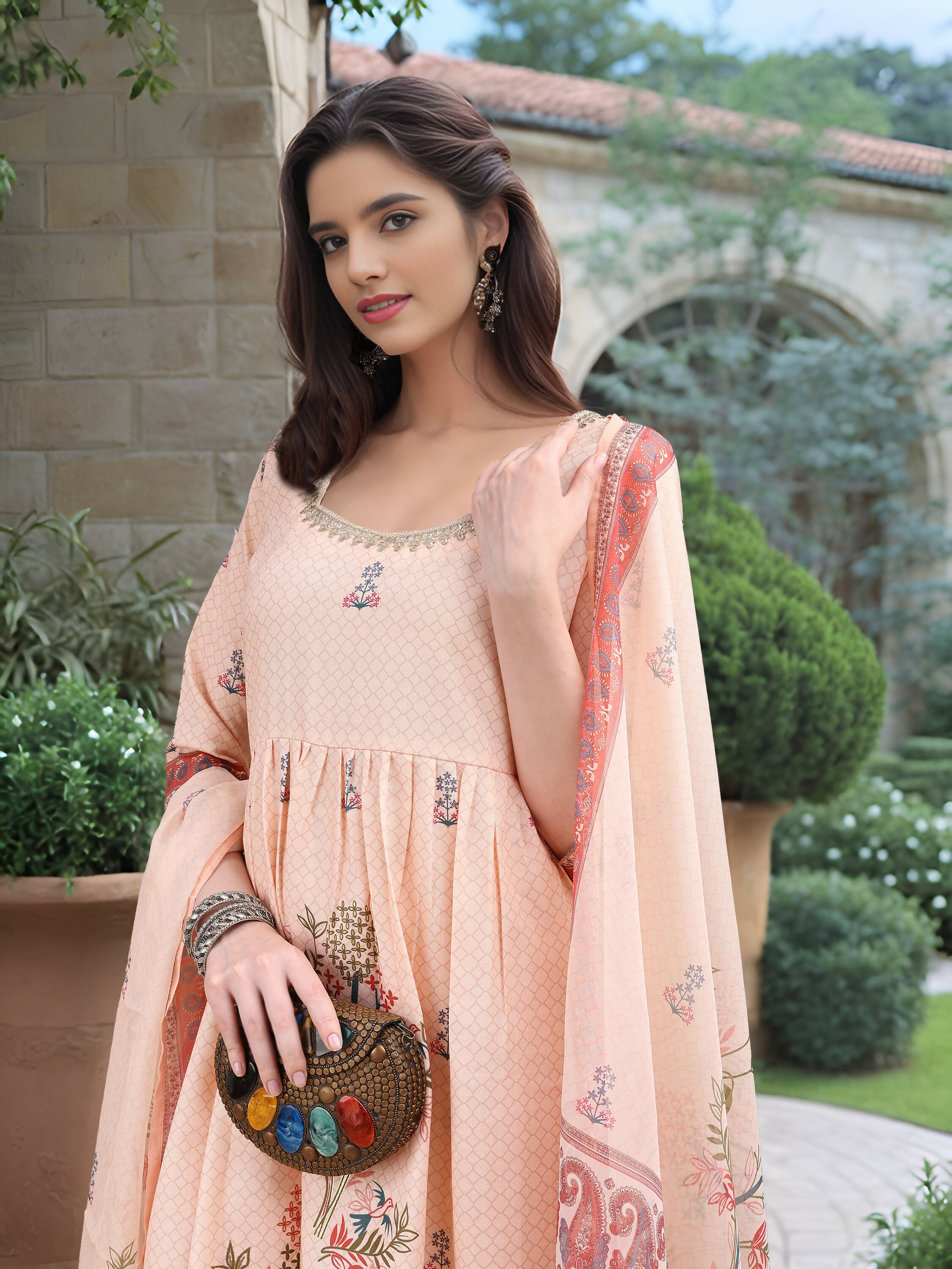 Joban Fashion Peach Position Digital Print With Position Foil Kurta Set
