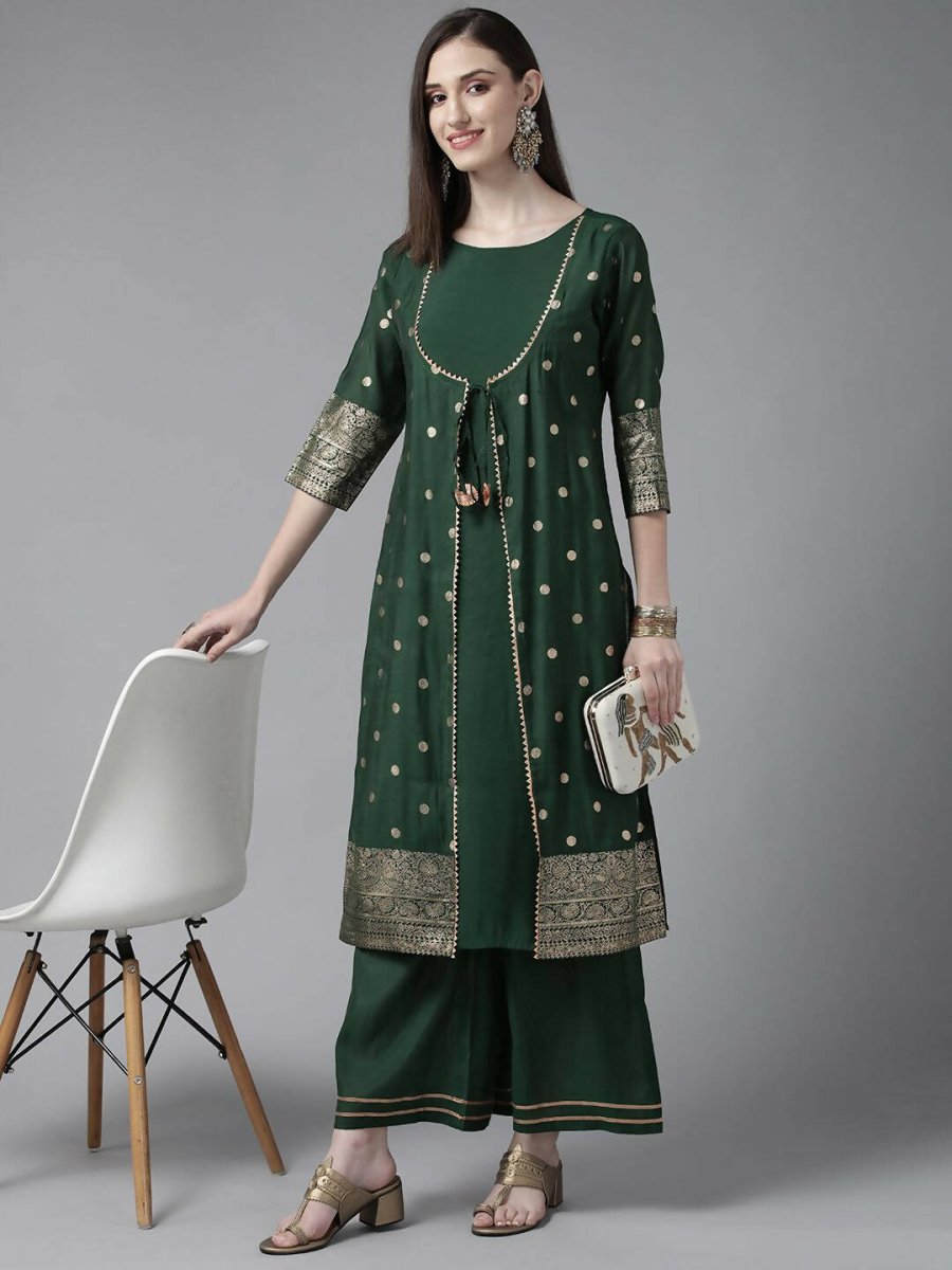 Ahalyaa Womens Dark Green Chanderi Gold Foil Printed Kurta Palazzo Set - Distacart