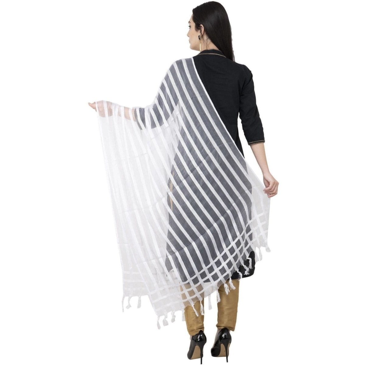 A R SILK Moti Luv Luv Stripe Regular Dupatta White Color Dupatta or Chunni