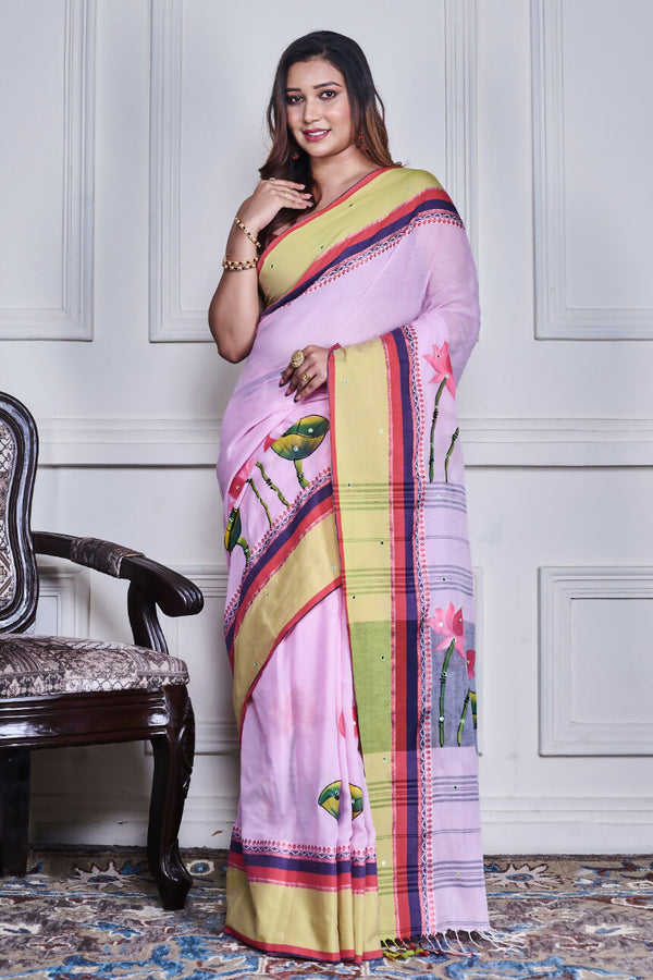 Morchari Multicolour Cotton Handloom Mirror Work Saree Unstitched Blouse