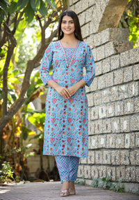 Thumbnail for Kaajh Women's Blue Printed Kurta Pant Set With Dupatta - Distacart