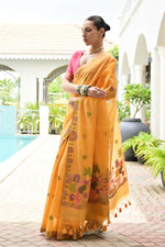 Thumbnail for Vishnu Weaves Women's Yellow Muga Cotton Thread Weaving Saree with Blouse