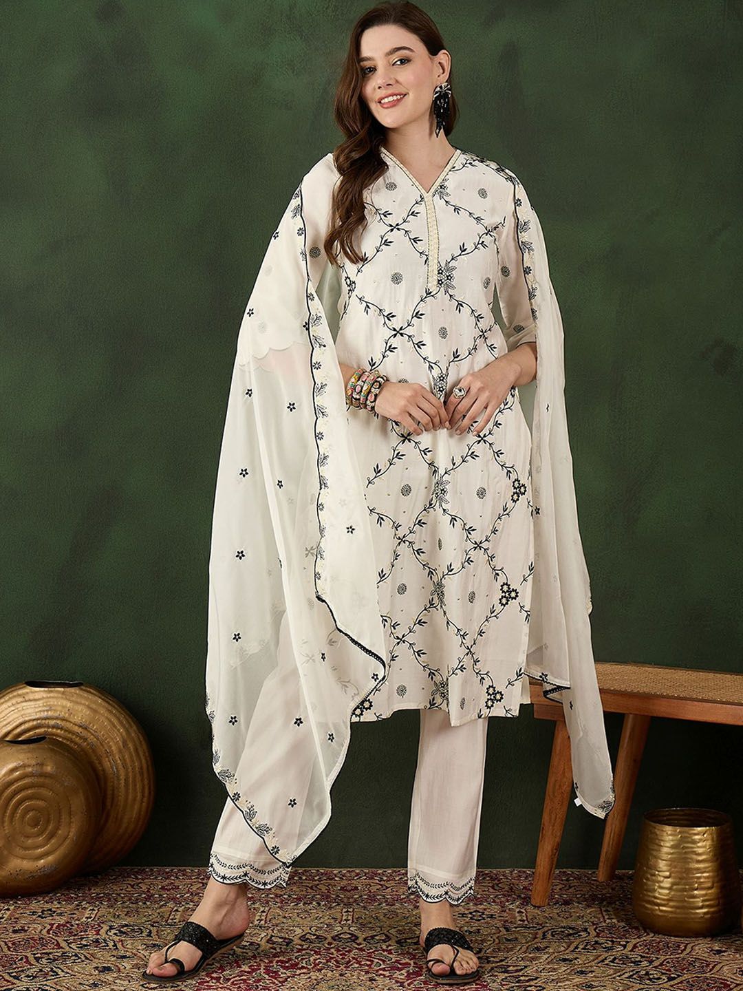 Sangria Embroidered Kurta & Trouser With Dupatta - Distacart