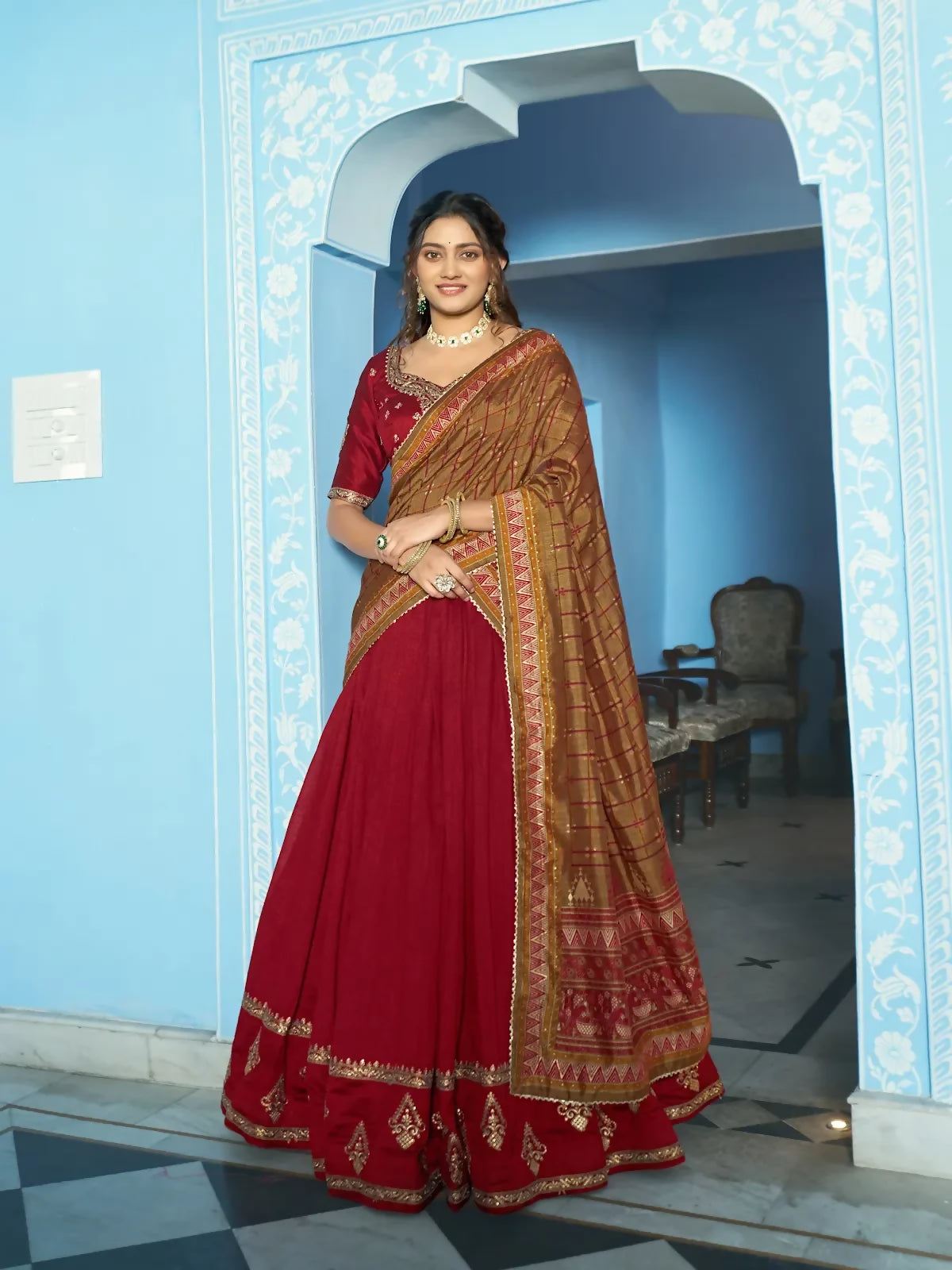 Looknbook Art Women Vichitra Silk Sequins & Thread Work Embroidered Lehenga Choli-Maroon