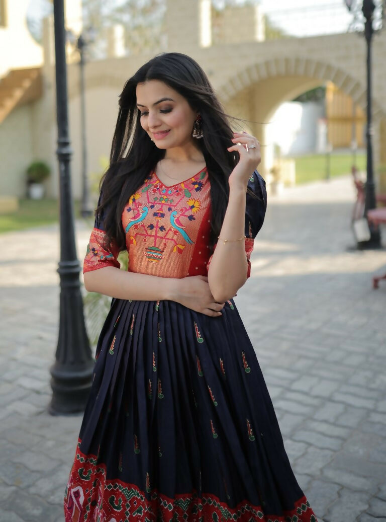 Jyoti Fashion Women's Navy Blue Patola with Foil Print Dola Silk Anarkali Dress - Distacart
