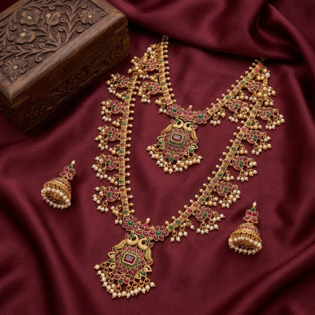 Jewel City Antique Gold Temple Jewelry Set: Ruby Green Bridal Long Necklace & Jhumka Earrings