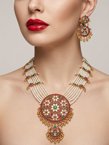 Jewel City Gold Plated Long Kundan Haram Pearl Necklace Set with Round Pendant & Earrings for Indian Bridal Wedding Jewelry - Dista