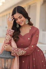 Thumbnail for Jyoti Fashion Women's Brown Faux Georgette Sequins Thread Embroidery Anarkali Dress with Dupatta - Distacart