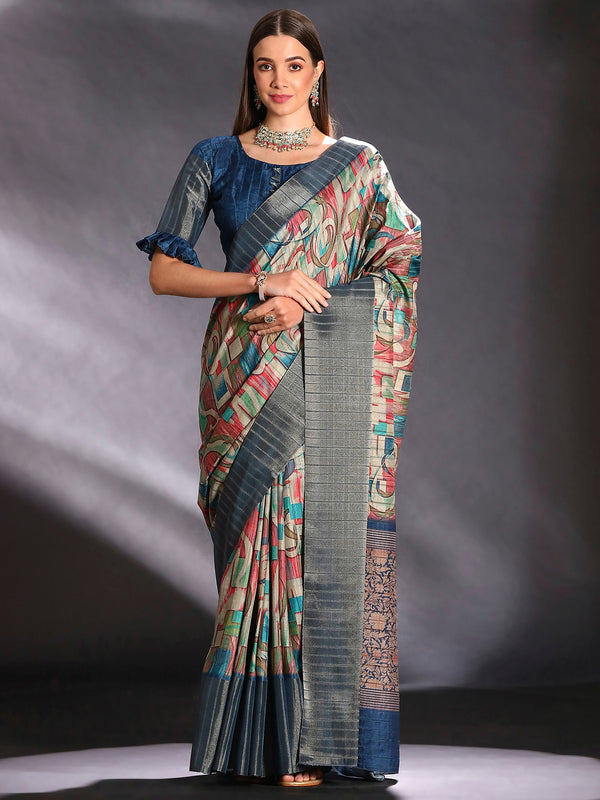 NOZ2TOZ Women's Silk Blend Multi Color Printed Designer Saree With Blouse Piece - Distacart