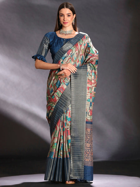 NOZ2TOZ Women's Silk Blend Multi Color Printed Designer Saree With Blouse Piece - Distacart