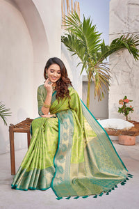 Thumbnail for NOZ2TOZ Women's Party Wear Weaving Work Zarna Silk Saree with Un Stitched Blouse - Parrot Green - Distacart