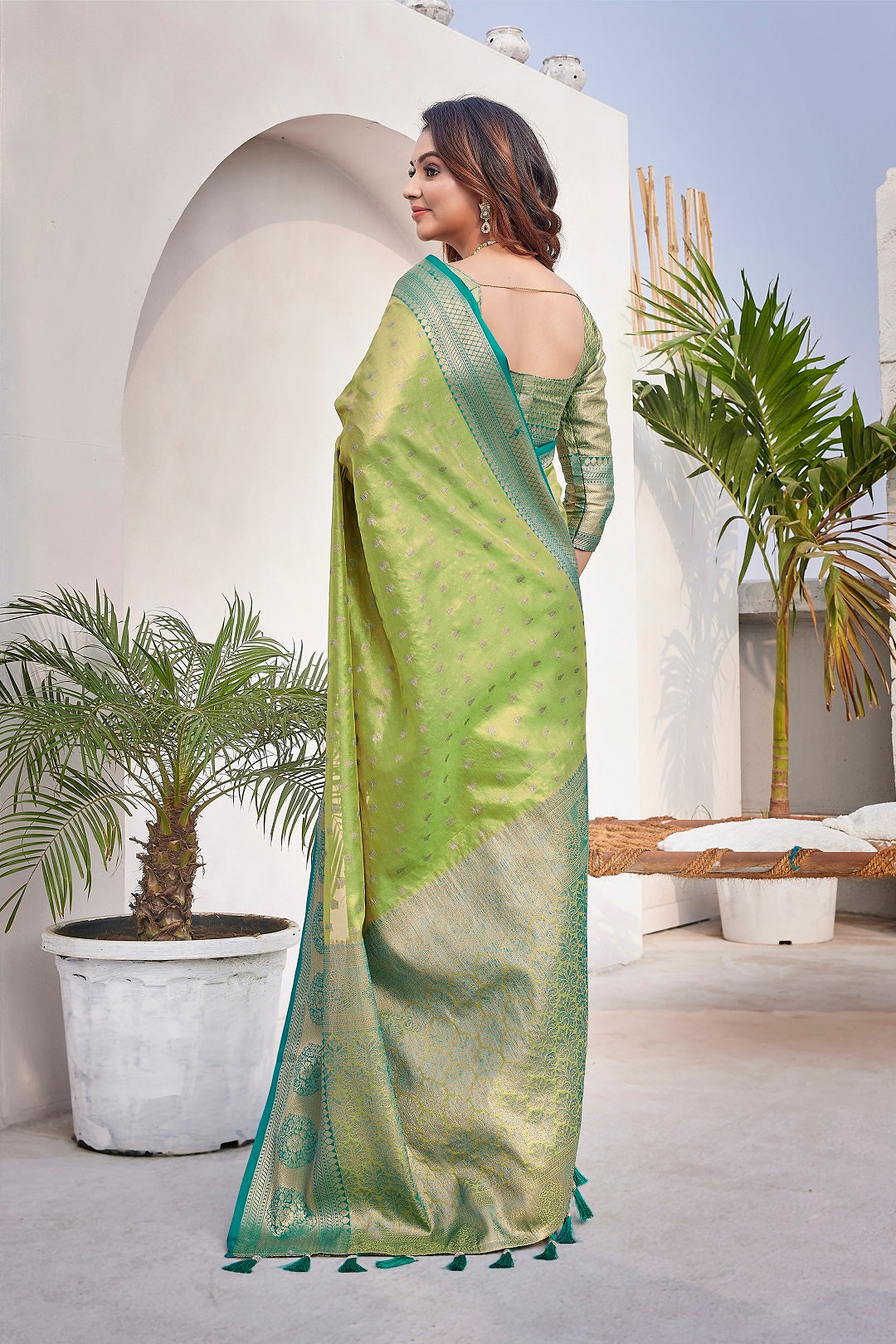 NOZ2TOZ Women's Party Wear Weaving Work Zarna Silk Saree with Un Stitched Blouse - Parrot Green - Distacart