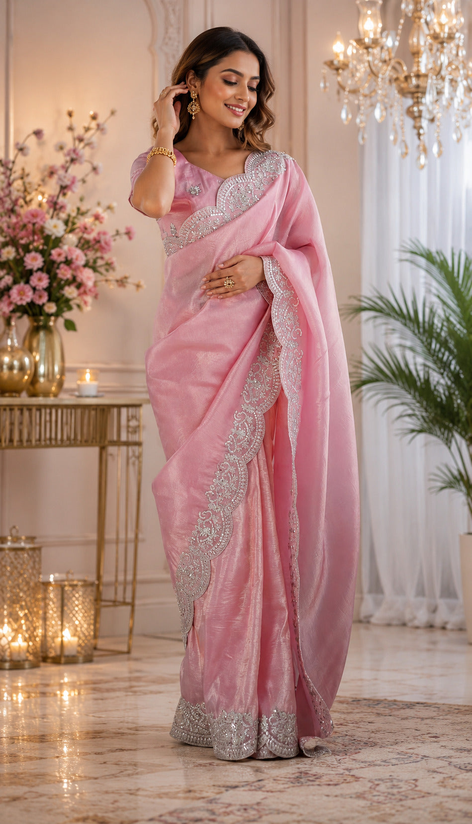 Dwija Fashion Pink Party Wear Embroidered Shimmer Chifon Saree With Unstitched Blouse - Dista