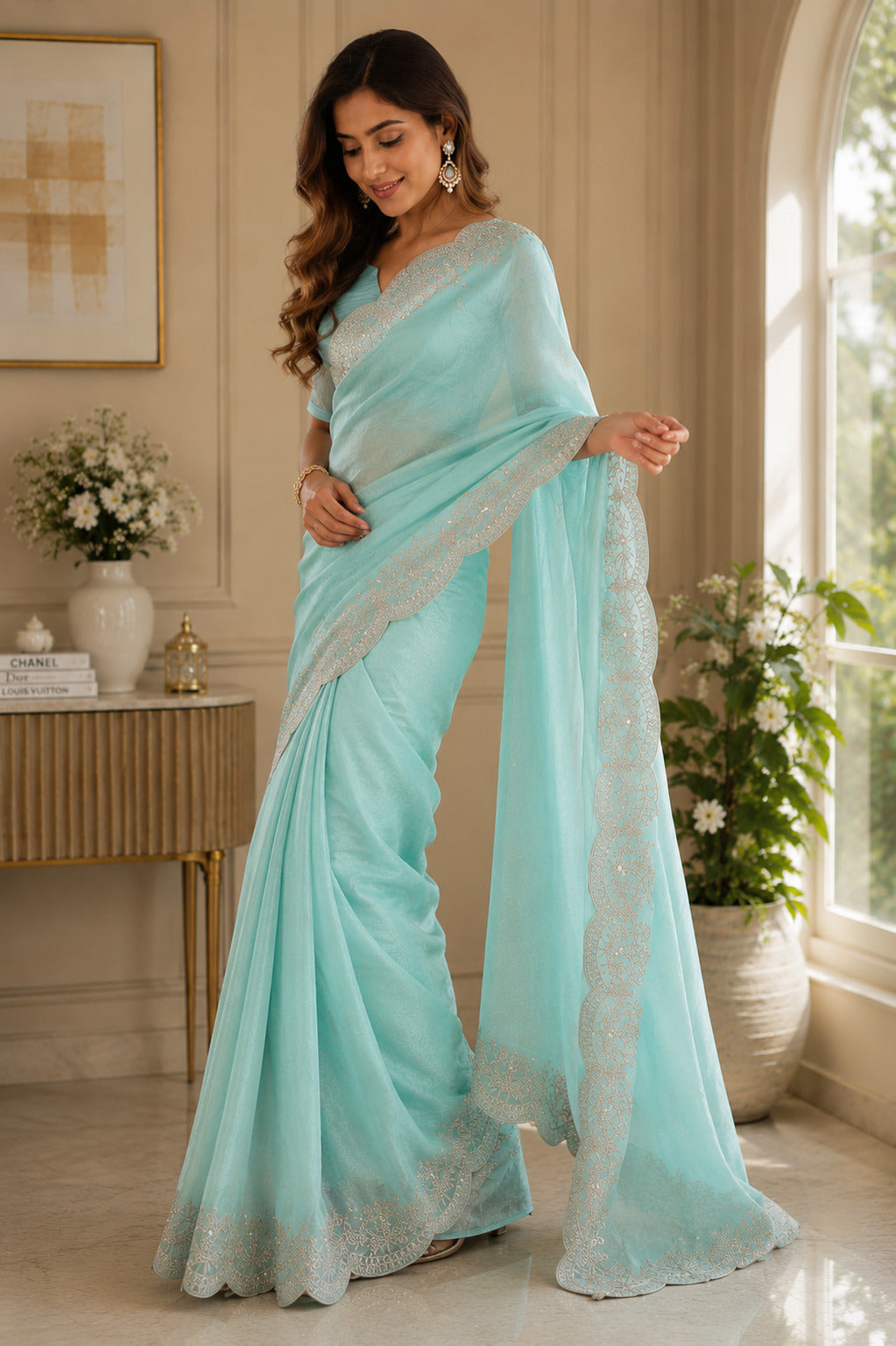 Dwija Fashion Sky Blue Party Wear Embroidered Shimmer Chifon Saree With Unstitched Blouse
