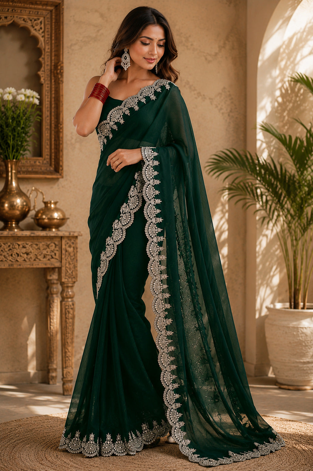 Dwija Fashion Green Party Wear Embroidered Shimmer Chifon Saree With Unstitched Blouse