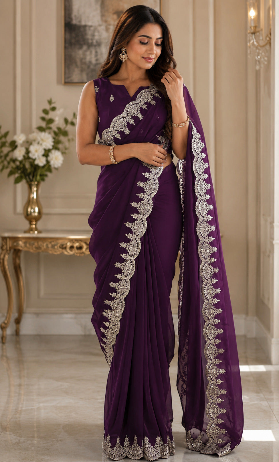 Dwija Fashion Dark Wine Party Wear Embroidered Shimmer Chifon Saree With Unstitched Blouse - Dista