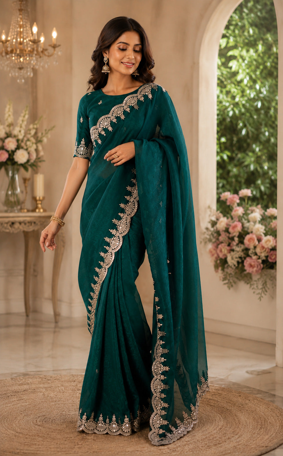 Dwija Fashion Green Party Wear Embroidered Shimmer Chifon Saree With Unstitched Blouse