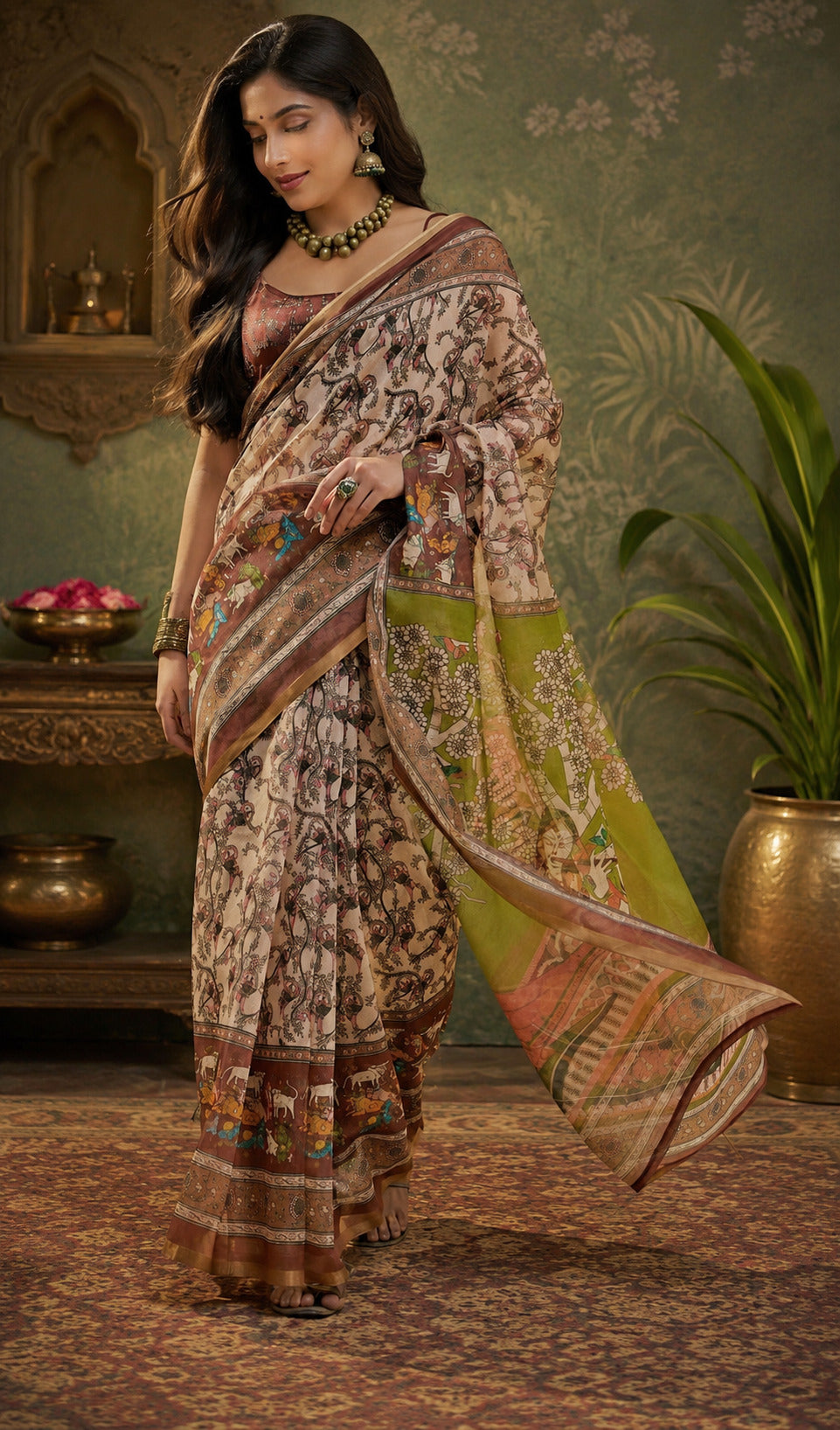 Dwija Fashion Women'S Casual Wear Printed Linen Designer Saree With Unstitched Blouse-Beige - Dista