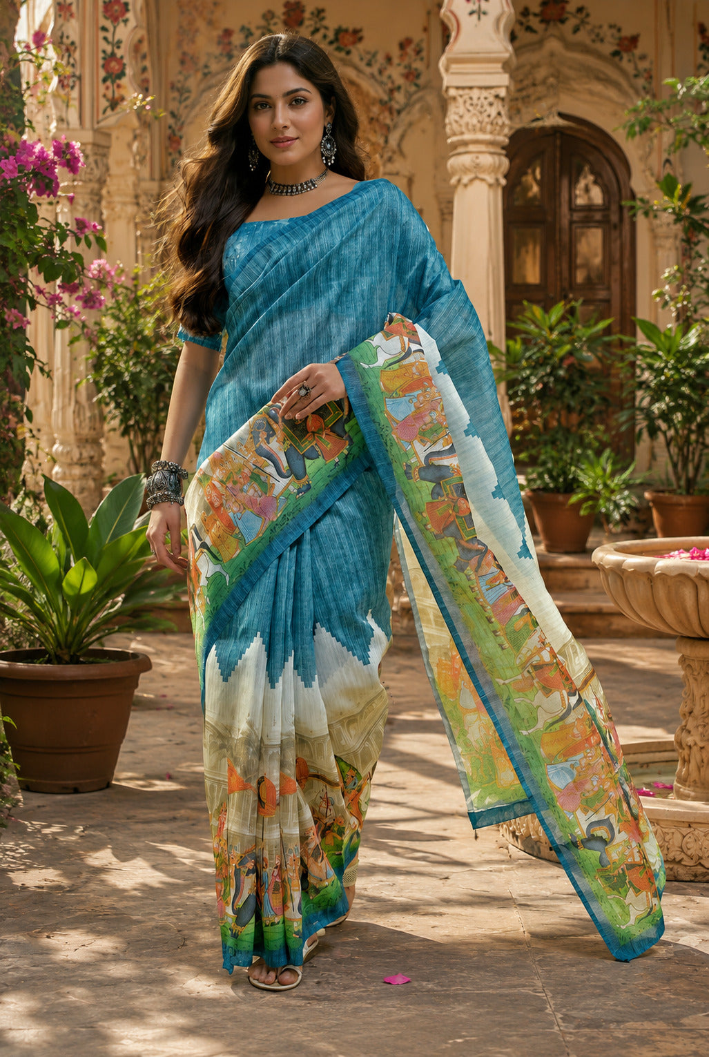 Dwija Fashion Women'S Casual Wear Printed Linen Designer Saree With Unstitched Blouse-Sky Blue - Dista