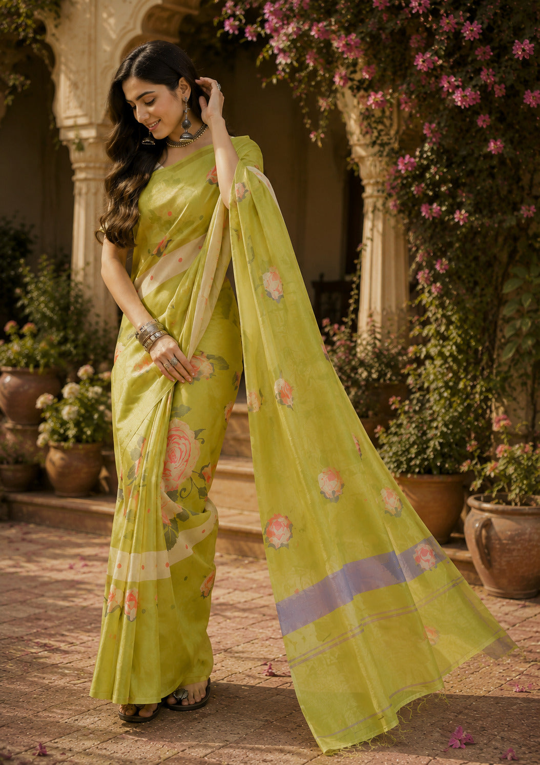 Dwija Fashion Women'S Casual Wear Printed Linen Designer Saree With Unstitched Blouse-Mint Green - Dista