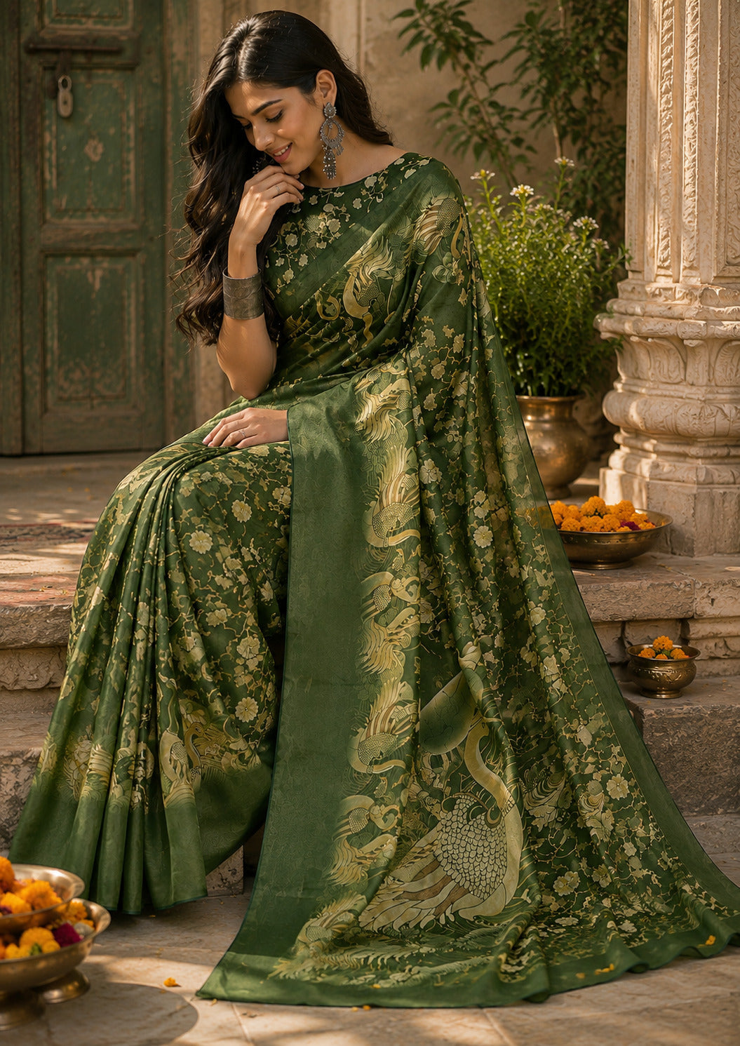 Dwija Fashion Women'S Casual Wear Printed Linen Designer Saree With Unstitched Blouse-Green - Dista