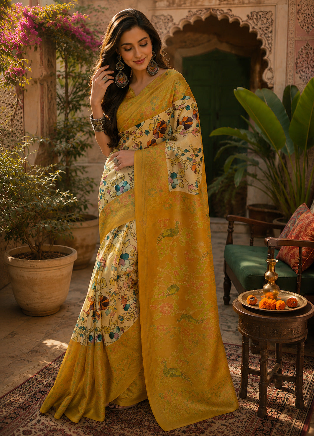 Dwija Fashion Women'S Casual Wear Printed Linen Designer Saree With Unstitched Blouse-Mustard Yellow - Dista