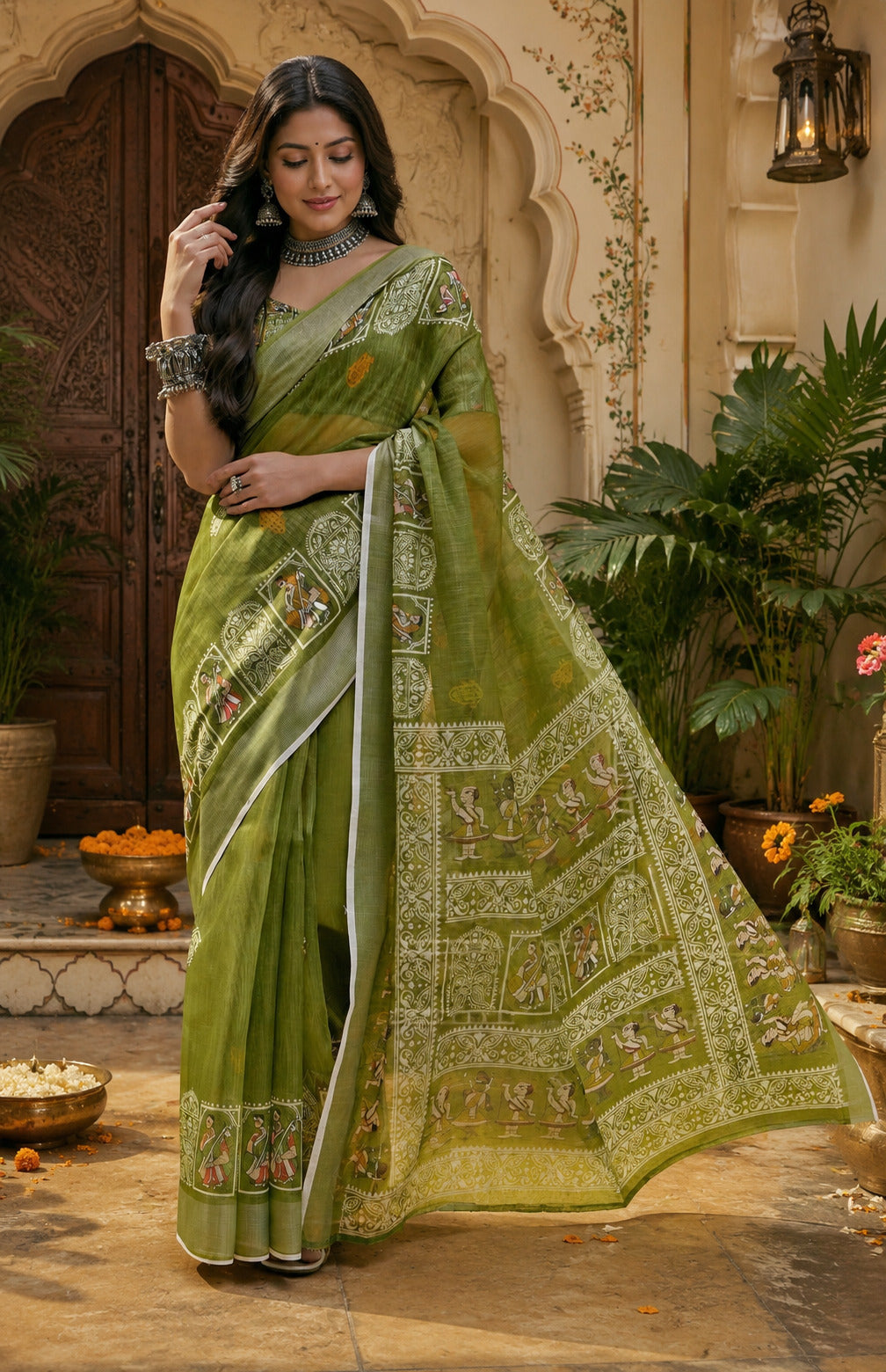 Dwija Fashion Women'S Casual Wear Printed Linen Designer Saree With Unstitched Blouse-Green - Dista