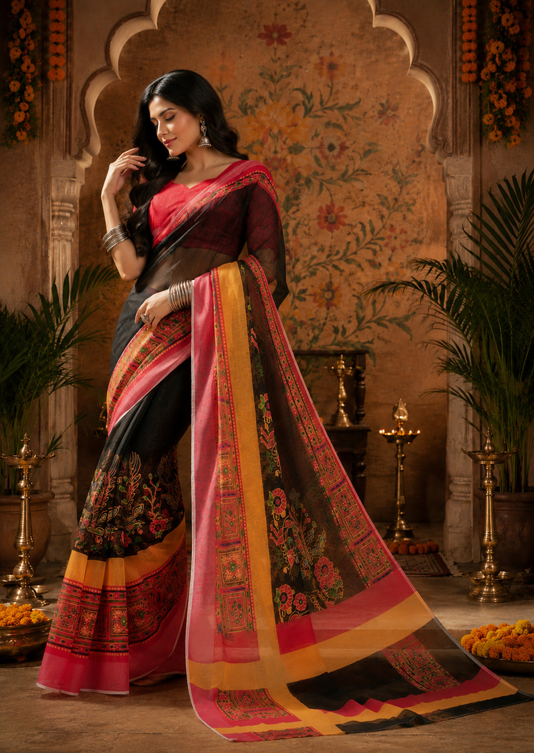 Dwija Fashion Women'S Casual Wear Printed Linen Designer Saree With Unstitched Blouse-Black - Dista