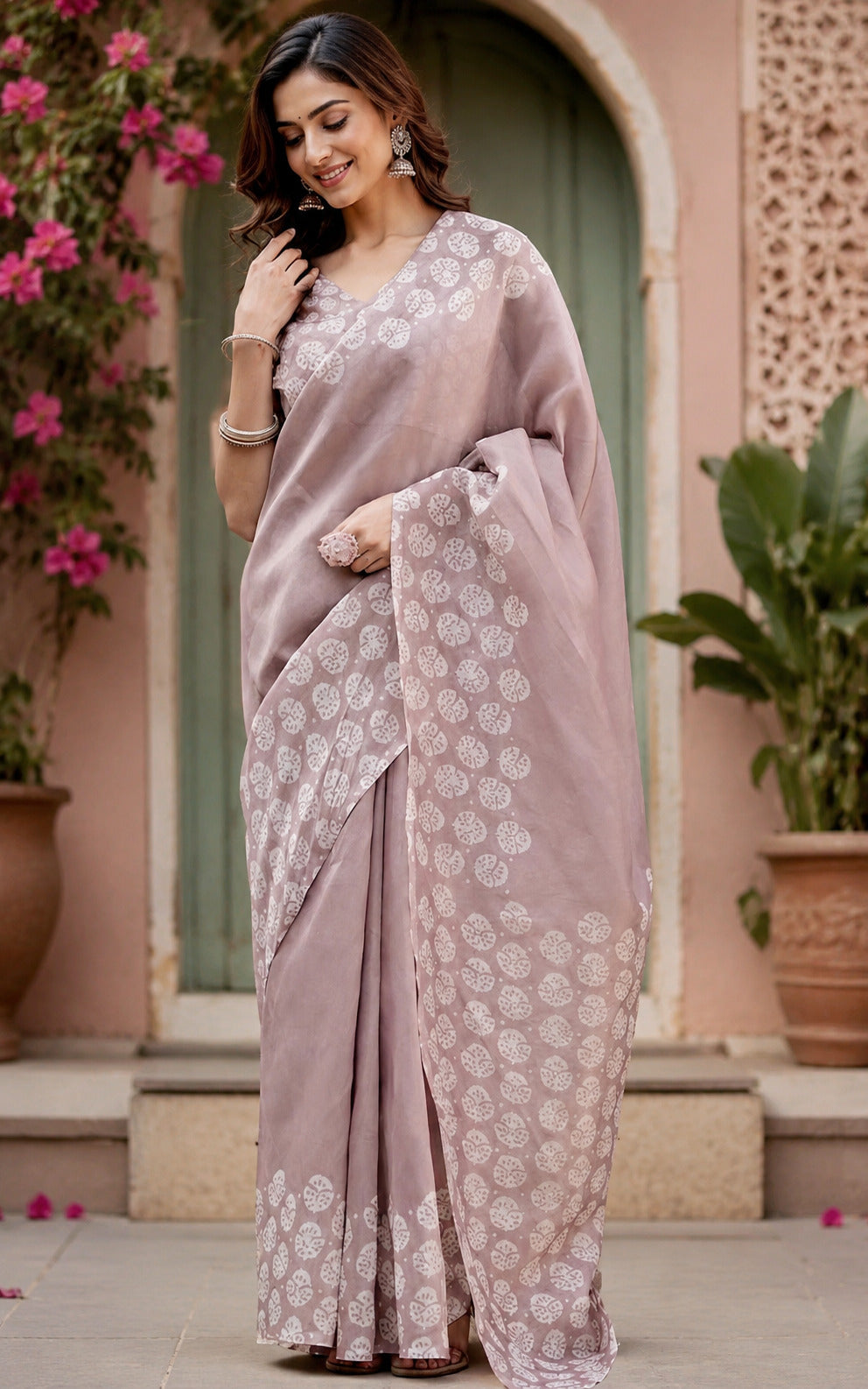 Dwija Fashion Women'S Casual Wear Printed Linen Designer Saree With Unstitched Blouse-Dusty Pink - Dista