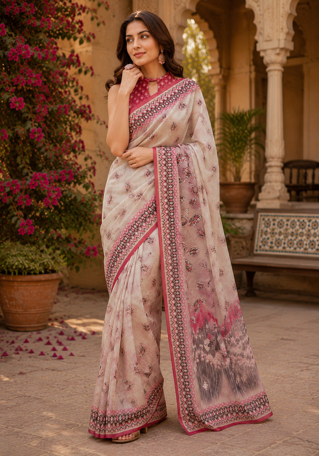 Dwija Fashion Women'S Casual Wear Printed Linen Designer Saree With Unstitched Blouse-White - Dista