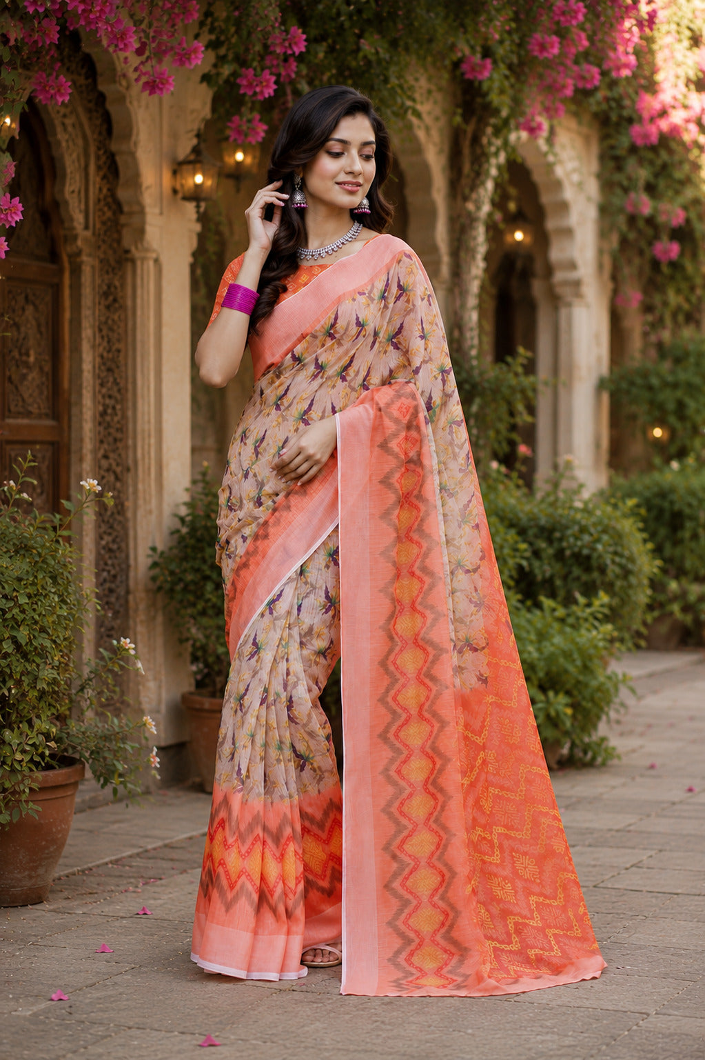 Dwija Fashion Women'S Casual Wear Printed Linen Designer Saree With Unstitched Blouse-Beige - Dista