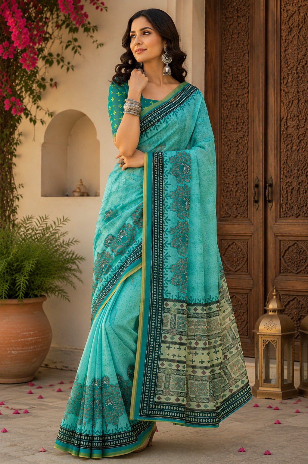 Dwija Fashion Women'S Casual Wear Printed Linen Designer Saree With Unstitched Blouse-Turquoise Blue - Dista