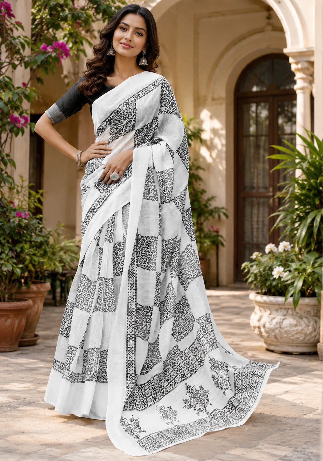 Dwija Fashion Women'S Casual Wear Printed Linen Designer Saree With Unstitched Blouse-White - Dista