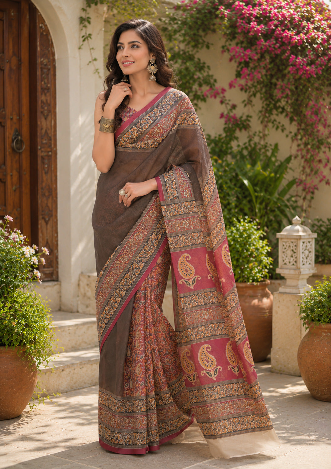 Dwija Fashion Women'S Casual Wear Printed Linen Designer Saree With Unstitched Blouse-Brown - Dista