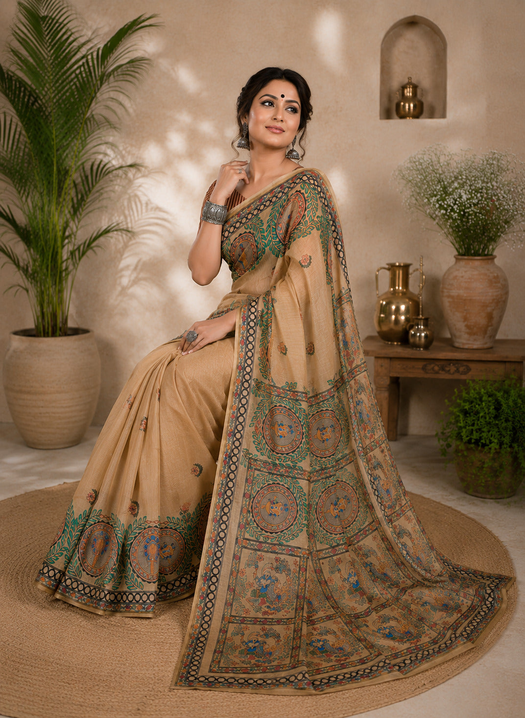 Dwija Fashion Women'S Casual Wear Printed Linen Designer Saree With Unstitched Blouse-Beige - Dista