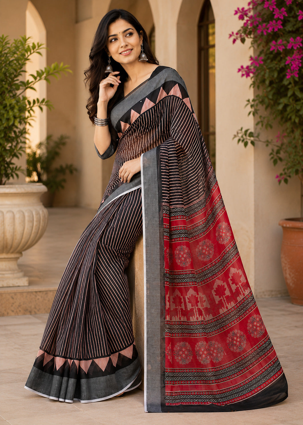 Dwija Fashion Women'S Casual Wear Printed Linen Designer Saree With Unstitched Blouse-Black - Dista