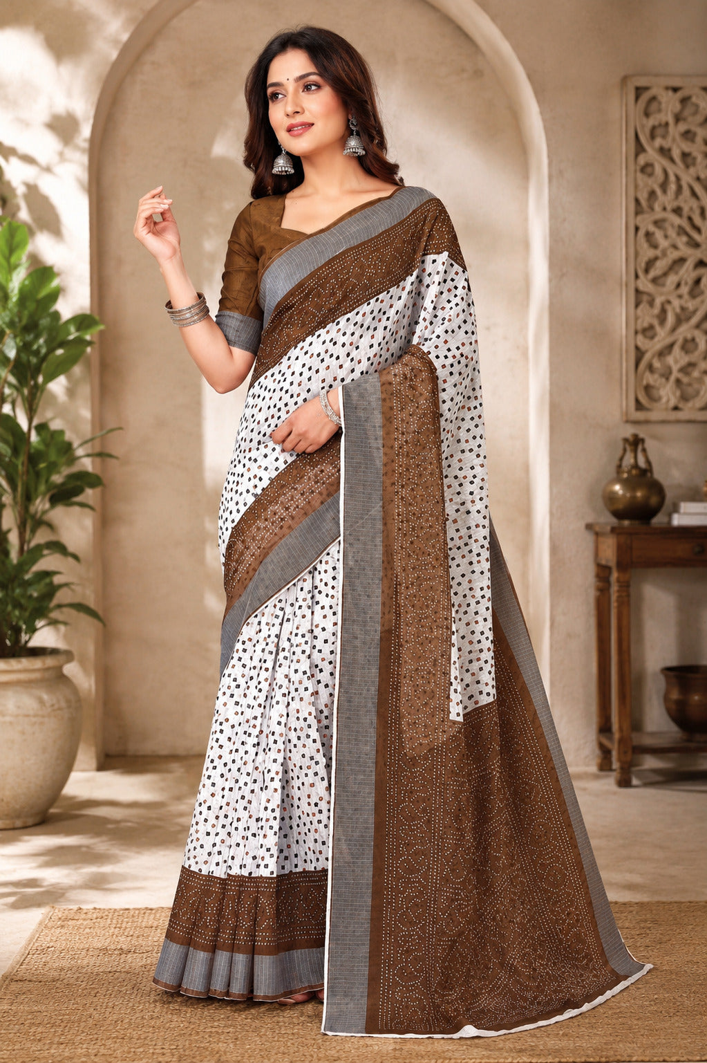 Dwija Fashion Women'S Casual Wear Printed Linen Designer Saree With Unstitched Blouse-White - Dista