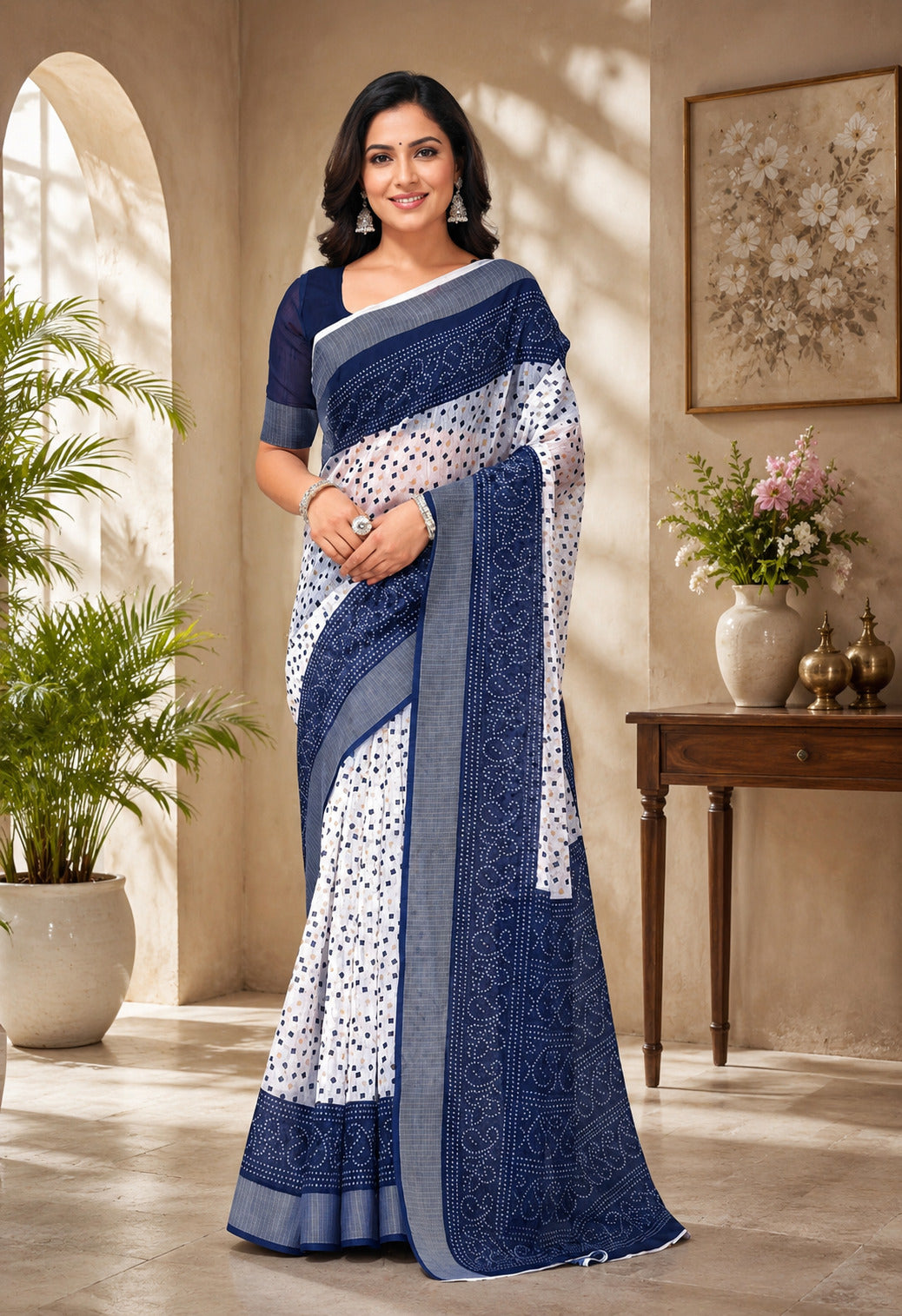 Dwija Fashion Women'S Casual Wear Printed Linen Designer Saree With Unstitched Blouse-Royal Blue - Dista