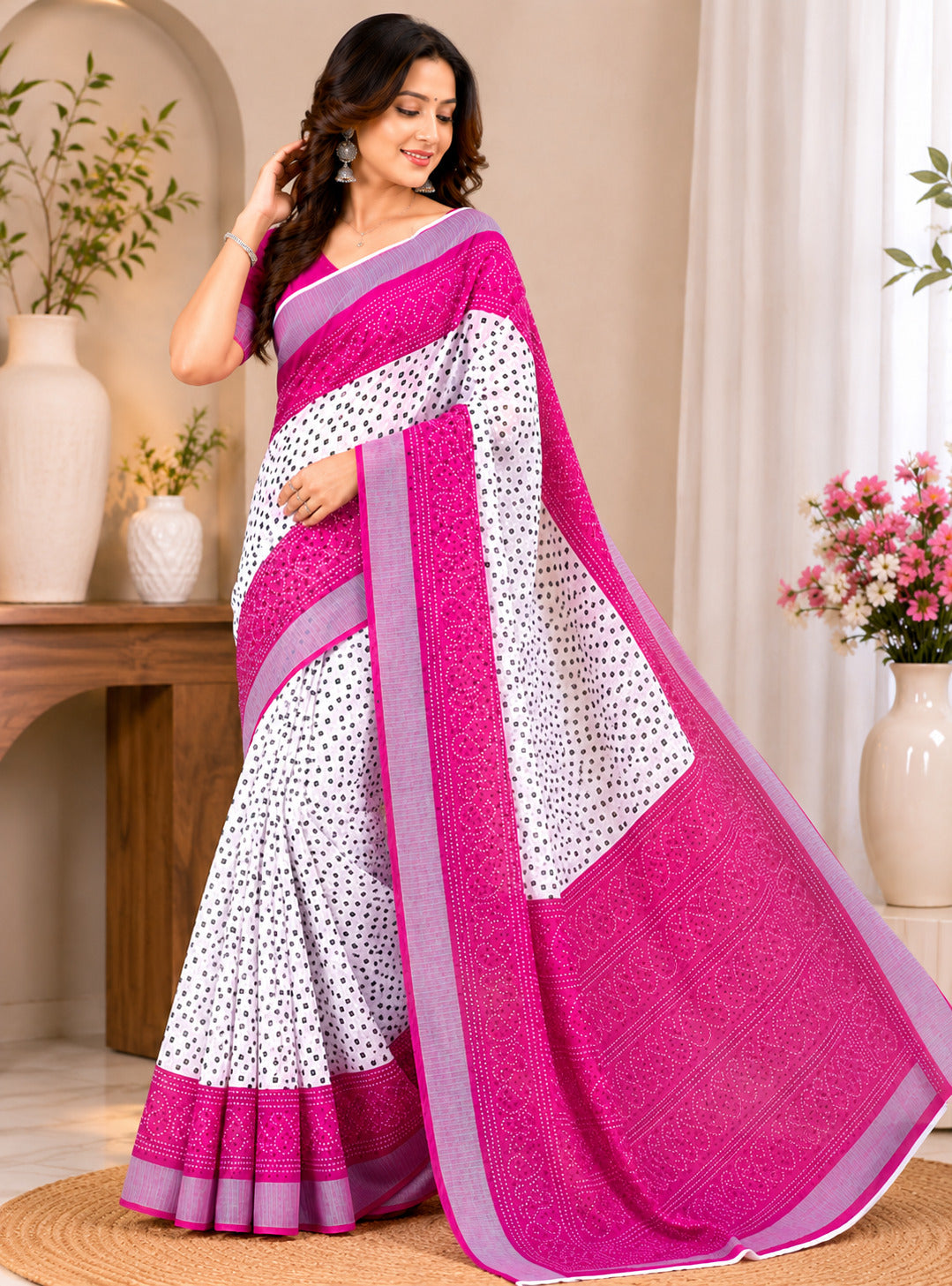 Dwija Fashion Women'S Casual Wear Printed Linen Designer Saree With Unstitched Blouse-White - Dista
