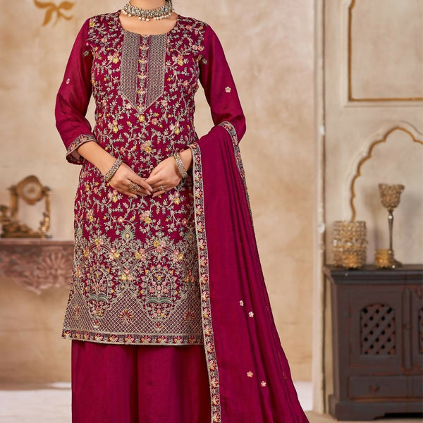 Anaita Maroon Vichitra Silk Readymade Palazzo Suit with Embroidery & Lace Work - Distacart