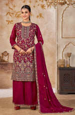 Thumbnail for Anaita Maroon Vichitra Silk Readymade Palazzo Suit with Embroidery & Lace Work - Distacart