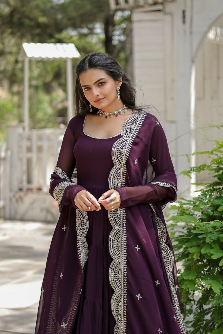 Aastha Fashion Women's Wine Faux Georgette Frill Work Anarkali Dress with Dupatta - Distacart