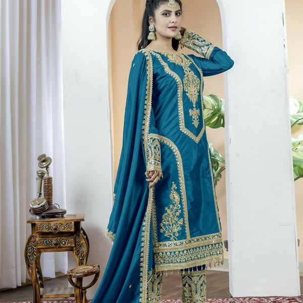 Teeya Creation Morepich Color Chinnon Silk Embroidery Work Fully Stitched Salwar Suit