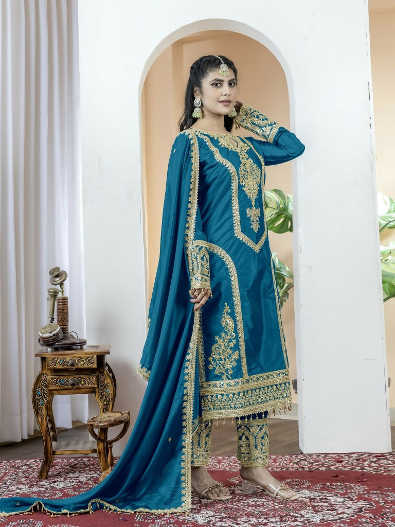 Teeya Creation Morepich Color Chinnon Silk Embroidery Work Fully Stitched Salwar Suit