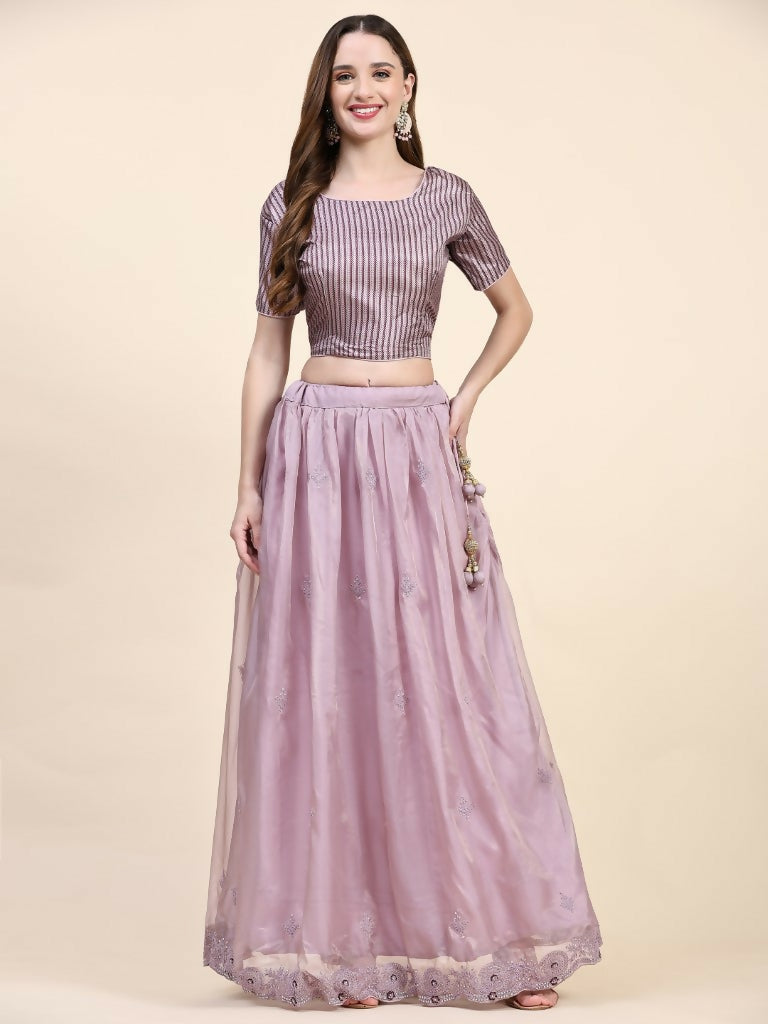 Purple Silk Embroidered Poncho Pattern Top & Lehenga with Dupatta - Tanya - Distacart